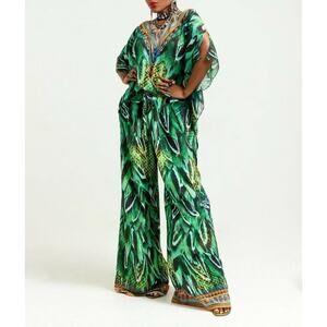 SAI SANKOH Green Tropical Print Wide Leg Trousers Pants Size S